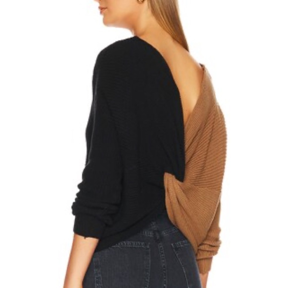 superdown Black and Tan Back Twist Knot Off the Shoulder Sweater Revolve size M